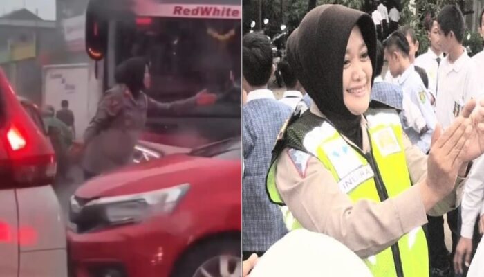 Viral Sosok Polwan Yang Atur Macet Saat Hujan Deras