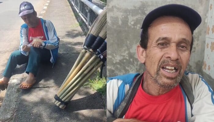 Kisah Haru Kakek Penjual Sapu yang Lemas Usai Jalan Kaki Jauh Ditolong Polisi Baik